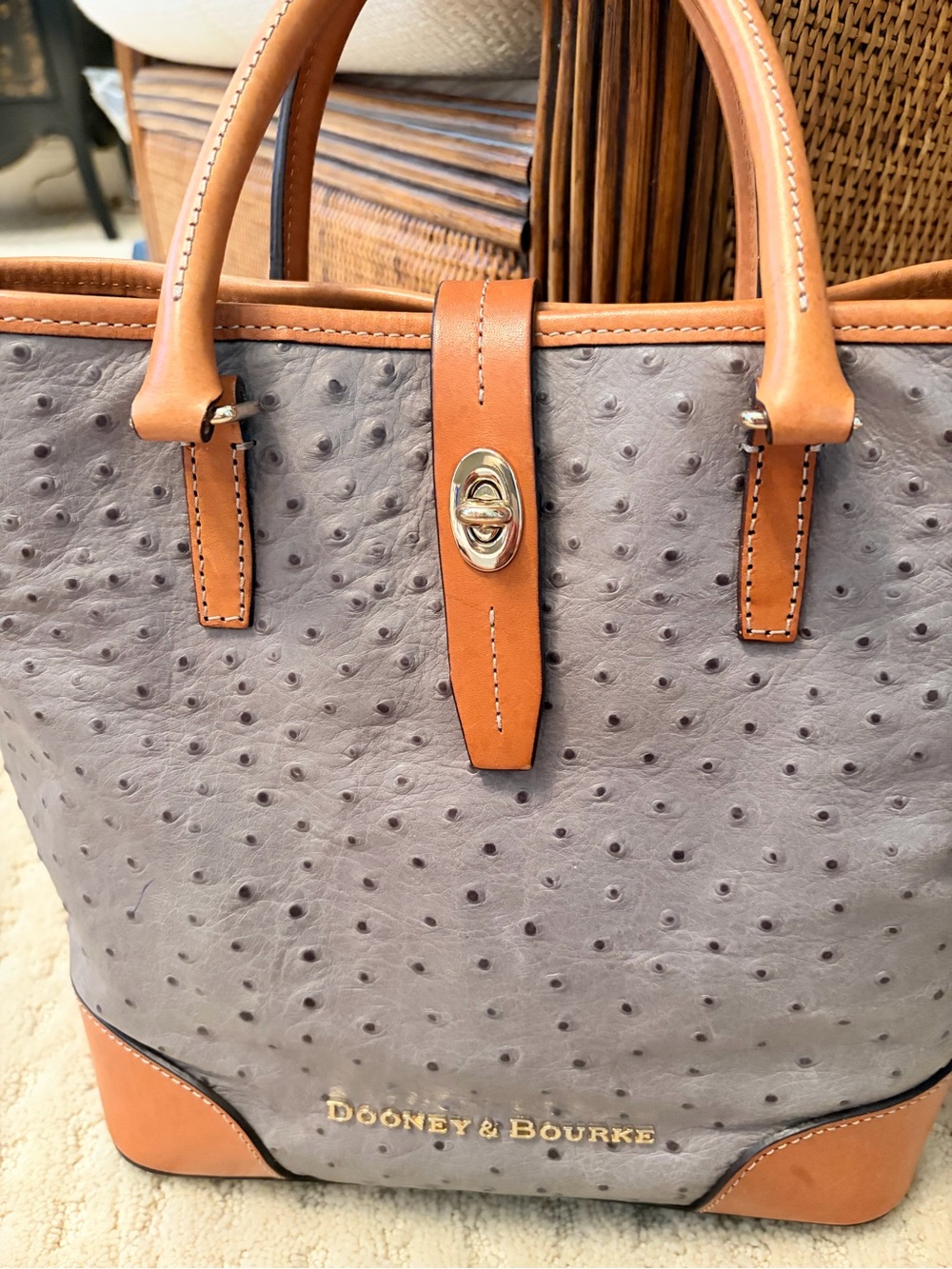 Dooney & Bourke Gray Ostrich-Embossed Leather Tote with Tan Trim